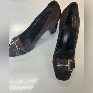 Gucci Brown Suede Block Heels with Buckle